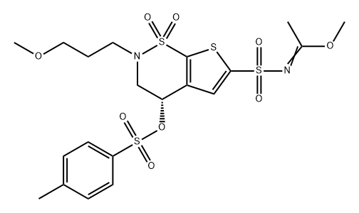 Ethanimidic acid, N-[[(4S)-3,4-dihydro-2-(3-methoxypropyl)-4-[[(4-methylphenyl)sulfonyl]oxy]-1,1-dioxido-2H-thieno[3,2-e]-1,2-thiazin-6-yl]sulfonyl]-, methyl ester 구조식 이미지