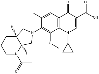 3-Quinolinecarboxylic acid, 7-[(4aS,7aS)-1-acetyloctahydro-6H-pyrrolo[3,4-b]pyridin-6-yl]-1-cyclopropyl-6-fluoro-1,4-dihydro-8-methoxy-4-oxo- Structure