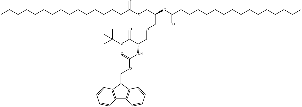 Hexadecanoic acid, 1,1'-[(1R)-1-[[[(2R)-2-[(1,1-dimethylethoxy)carbonyl]-2-[[(9H-fluoren-9-ylmethoxy)carbonyl]amino]ethyl]thio]methyl]-1,2-ethanediyl] ester Structure