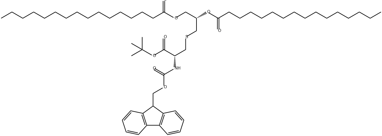 Hexadecanoic acid, (1S)-1-[[[(2R)-2-[(1,1-dimethylethoxy)carbonyl]-2-[[(9H-fluoren-9-ylmethoxy)carbonyl]amino]ethyl]thio]methyl]-1,2-ethanediyl ester (9CI) Structure