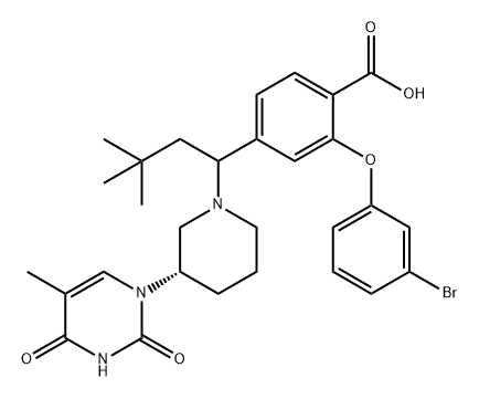 Benzoic acid, 2-(3-bromophenoxy)-4-[1-[(3S)-3-(3,4-dihydro-5-methyl-2,4-dioxo-1(2H)-pyrimidinyl)-1-piperidinyl]-3,3-dimethylbutyl]- Structure