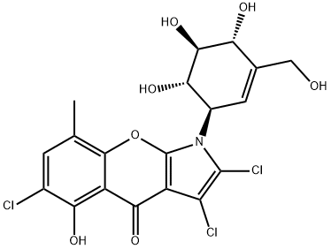 [1]Benzopyrano[2,3-b]pyrrol-4(1H)-one, 2,3,6-trichloro-5-hydroxy-8-methyl-1-[(1R,4R,5S,6S)-4,5,6-trihydroxy-3-(hydroxymethyl)-2-cyclohexen-1-yl]- Structure