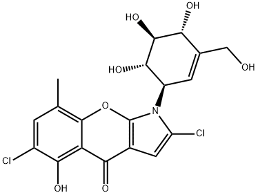 [1]Benzopyrano[2,3-b]pyrrol-4(1H)-one, 2,6-dichloro-5-hydroxy-8-methyl-1-[(1R,4R,5S,6S)-4,5,6-trihydroxy-3-(hydroxymethyl)-2-cyclohexen-1-yl]- Structure