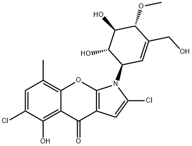 [1]Benzopyrano[2,3-b]pyrrol-4(1H)-one, 2,6-dichloro-1-[(1R,4R,5R,6S)-5,6-dihydroxy-3-(hydroxymethyl)-4-methoxy-2-cyclohexen-1-yl]-5-hydroxy-8-methyl- Structure