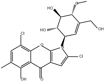 [1]Benzopyrano[2,3-b]pyrrol-4(1H)-one, 2,8-dichloro-1-[(1R,4R,5R,6S)-5,6-dihydroxy-3-(hydroxymethyl)-4-methoxy-2-cyclohexen-1-yl]-5-hydroxy-6-methyl- Structure