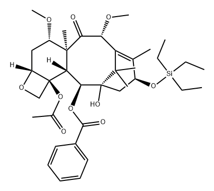 7,11-Methano-5H-cyclodeca[3,4]benz[1,2-b]oxet-5-one, 12b-(acetyloxy)-12-(benzoyloxy)-1,2a,3,4,4a,6,9,10,11,12,12a,12b-dodecahydro-11-hydroxy-4,6-dimethoxy-4a,8,13,13-tetramethyl-9-[(triethylsilyl)oxy]-, (2aR,4S,4aS,6R,9S,11S,12S,12aR,12bS)- 구조식 이미지