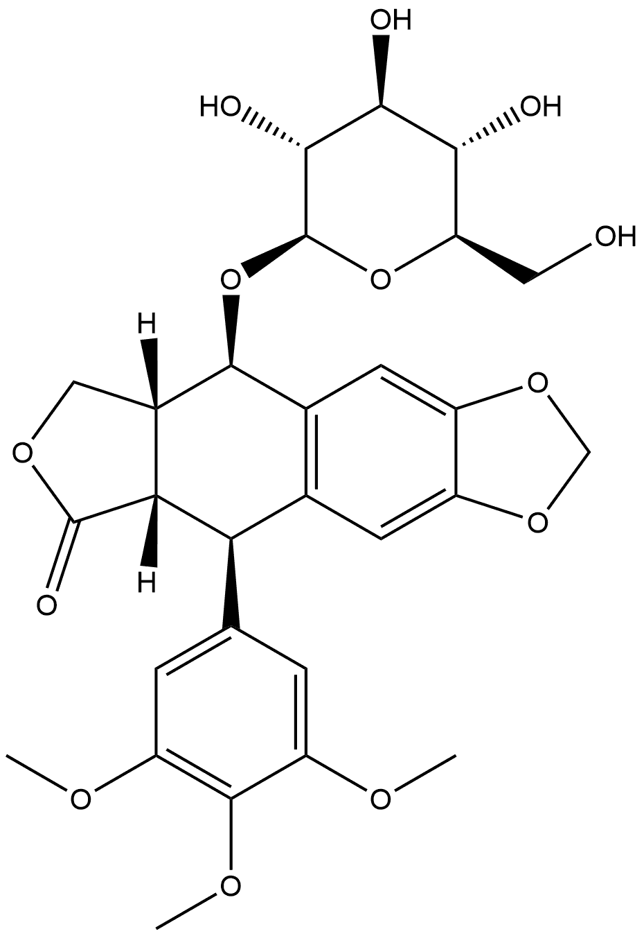 Furo[3',4':6,7]naphtho[2,3-d]-1,3-dioxol-6(5aH)-one, 9-(β-D-glucopyranosyloxy)-5,8,8a,9-tetrahydro-5-(3,4,5-trimethoxyphenyl)-, (5R,5aS,8aR,9R)- Structure