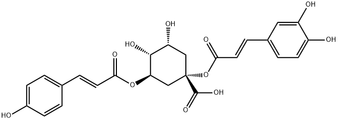 Cyclohexanecarboxylic acid, 1-[[(2E)-3-(3,4-dihydroxyphenyl)-1-oxo-2-propen-1-yl]oxy]-3,4-dihydroxy-5-[[(2E)-3-(4-hydroxyphenyl)-1-oxo-2-propen-1-yl]oxy]-, (1S,3R,4R,5R)- Structure