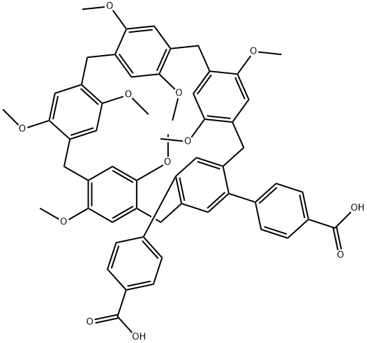 Benzoic acid, 4,4'-(9,14,19,24,26,28,30,32-octamethoxyhexacyclo[21.2.2.23,6.28,11.213,16.218,21]pentatriaconta-3,5,8,10,13,15,18,20,23,25,26,28,30,32,34-pentadecaene-4,34-diyl)bis- Structure