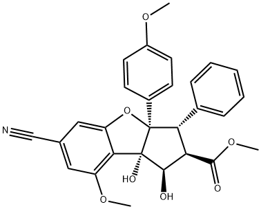 1H-Cyclopenta[b]benzofuran-2-carboxylic acid, 6-cyano-2,3,3a,8b-tetrahydro-1,8b-dihydroxy-8-methoxy-3a-(4-methoxyphenyl)-3-phenyl-, methyl ester, (1R,2R,3S,3aR,8bS)- Structure