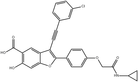 5-Benzofurancarboxylic acid, 3-[2-(3-chlorophenyl)ethynyl]-2-[4-[2-(cyclopropylamino)-2-oxoethoxy]phenyl]-6-hydroxy- Structure