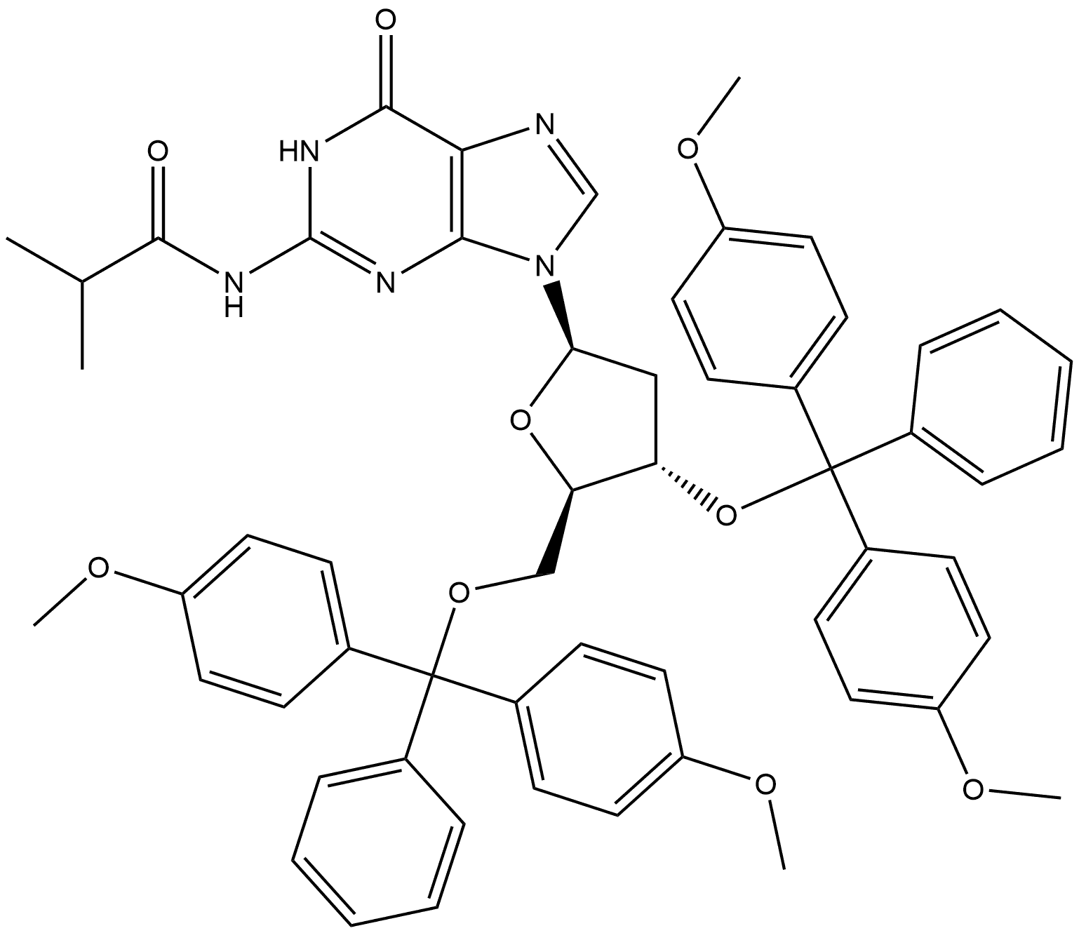 Guanosine, 3′,5′-bis-O-[bis(4-methoxyphenyl)phenylmethyl]-2′-deoxy-N-(2-methyl-1-oxopropyl)- Structure