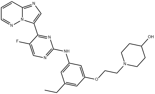 1-[2-[3-Ethyl-5-[(5-fluoro-4-imidazo[1,2-b]pyridazin-3-yl-2-pyrimidinyl)amino]phenoxy]ethyl]-4-piperidinol Structure