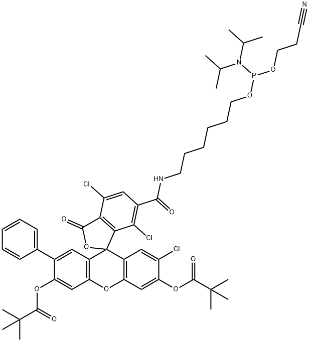 Propanoic acid, 2,2-dimethyl-, 1,1'-[6-[10-[bis(1-methylethyl)amino]-13-cyano-1-oxo-9,11-dioxa-2-aza-10-phosphatridec-1-yl]-2',4,7-trichloro-3-oxo-7'-phenylspiro[isobenzofuran-1(3H),9'-[9H]xanthene]-3',6'-diyl] ester 구조식 이미지
