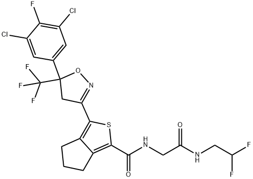 4H-Cyclopenta[c]thiophene-1-carboxamide, 3-[5-(3,5-dichloro-4-fluorophenyl)-4,5-dihydro-5-(trifluoromethyl)-3-isoxazolyl]-N-[2-[(2,2-difluoroethyl)amino]-2-oxoethyl]-5,6-dihydro- 구조식 이미지