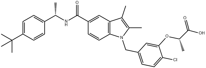 Propanoic acid, 2-[2-chloro-5-[[5-[[[(1S)-1-[4-(1,1-dimethylethyl)phenyl]ethyl]amino]carbonyl]-2,3-dimethyl-1H-indol-1-yl]methyl]phenoxy]-, (2S)- 구조식 이미지