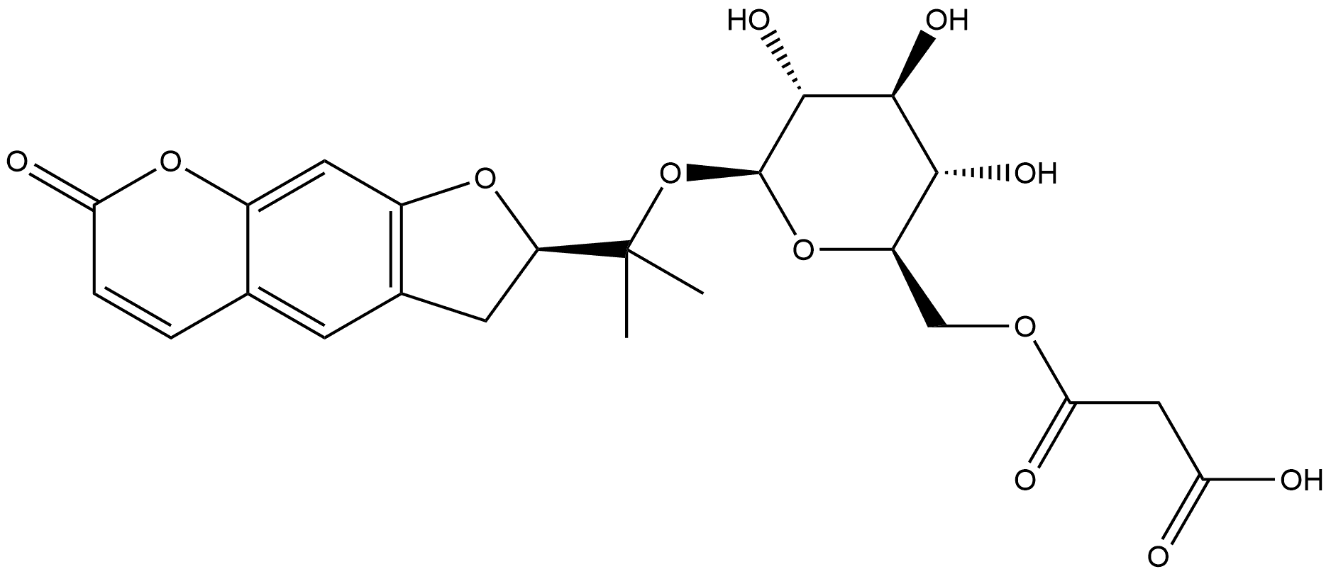 7H-Furo[3,2-g][1]benzopyran-7-one, 2-[1-[[6-O-(2-carboxyacetyl)-β-D-glucopyranosyl]oxy]-1-methylethyl]-2,3-dihydro-, (2R)- Structure