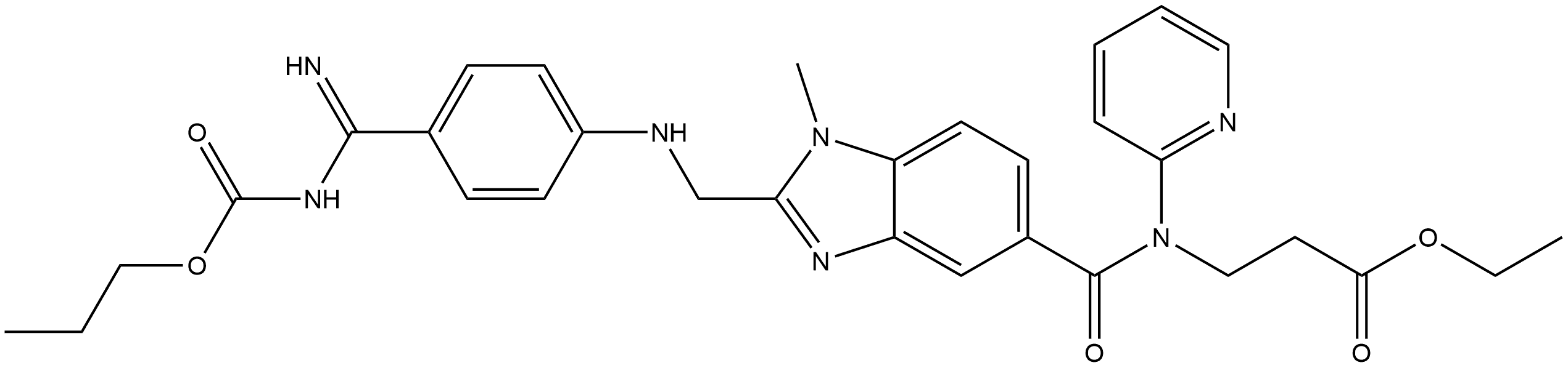 β-Alanine, N-[[2-[[[4-[imino[(propoxycarbonyl)amino]methyl]phenyl]amino]methyl]-1-methyl-1H-benzimidazol-5-yl]carbonyl]-N-2-pyridinyl-, ethyl ester Structure