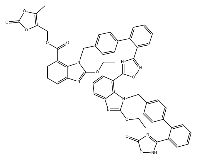 1H-Benzimidazole-7-carboxylic acid, 1-[[2'-[5-[1-[[2'-(2,5-dihydro-5-oxo-1,2,4-oxadiazol-3-yl)[1,1'-biphenyl]-4-yl]methyl]-2-ethoxy-1H-benzimidazol-7-yl]-1,2,4-oxadiazol-3-yl][1,1'-biphenyl]-4-yl]methyl]-2-ethoxy-, (5-methyl-2-oxo-1,3-dioxol-4-yl)methyl e Structure