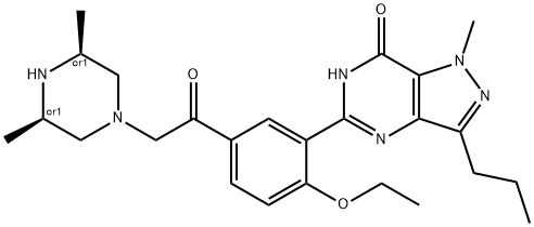 7H-Pyrazolo[4,3-d]pyrimidin-7-one, 5-[5-[2-[(3R,5S)-3,5-dimethyl-1-piperazinyl]acetyl]-2-ethoxyphenyl]-1,6-dihydro-1-methyl-3-propyl-, rel- Structure