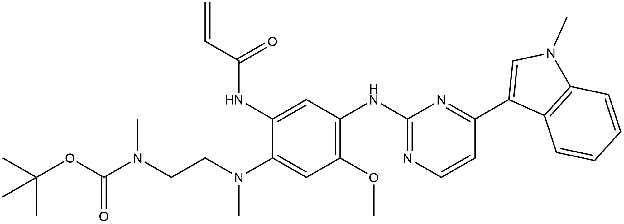 Carbamic acid, N-[2-[[5-methoxy-4-[[4-(1-methyl-1H-indol-3-yl)-2-pyrimidinyl]amino]-2-[(1-oxo-2-propen-1-yl)amino]phenyl]methylamino]ethyl]-N-methyl-, 1,1-dimethylethyl ester Structure