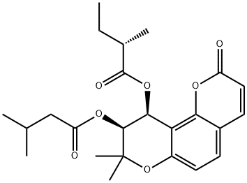 Butanoic acid, 2-methyl-, (9S,10S)-9,10-dihydro-8,8-dimethyl-9-(3-methyl-1-oxobutoxy)-2-oxo-2H,8H-benzo[1,2-b:3,4-b']dipyran-10-yl ester, (2S)- Structure