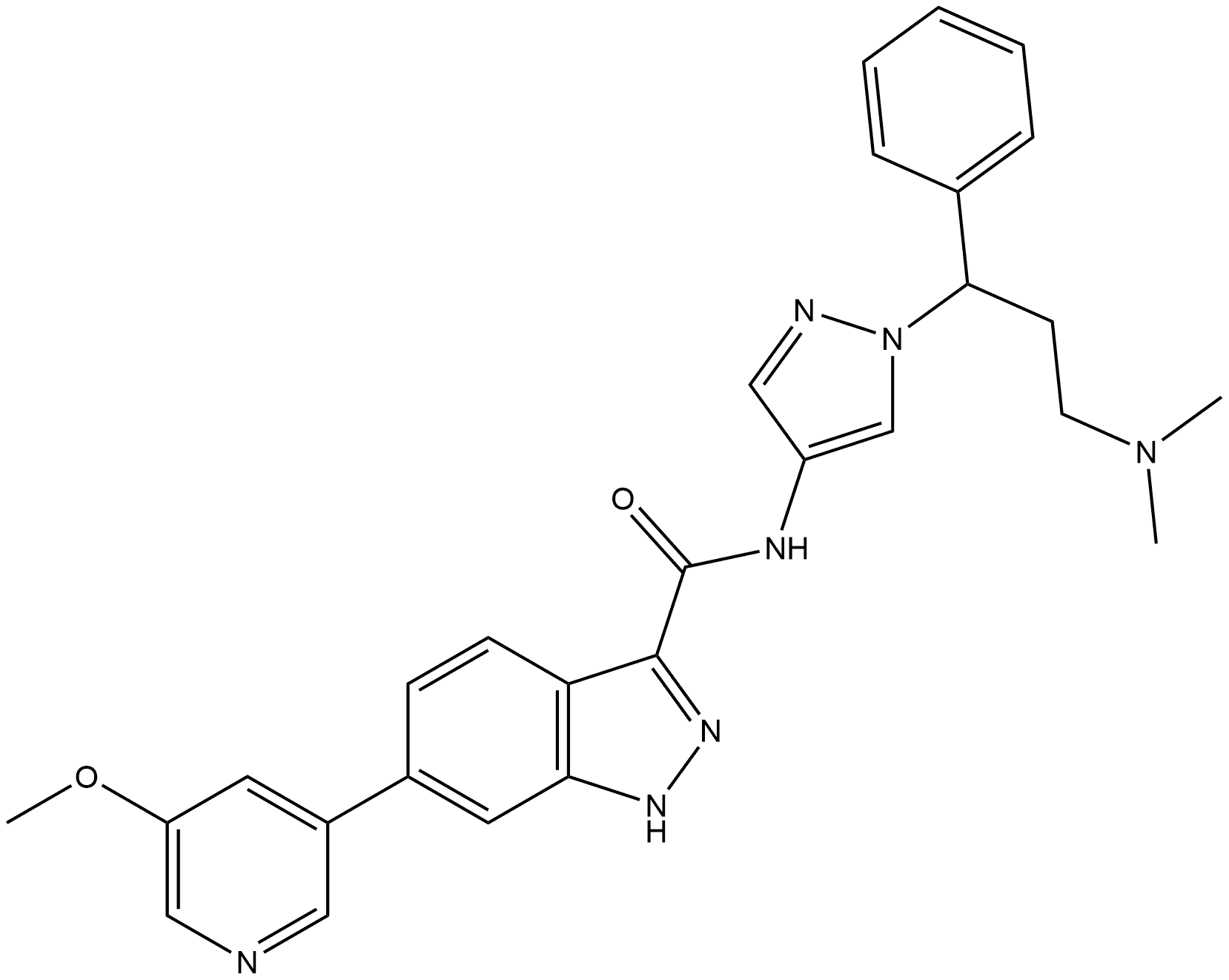 N-[1-[3-(Dimethylamino)-1-phenylpropyl]-1H-pyrazol-4-yl]-6-(5-methoxy-3-pyridinyl)-1H-indazole-3-carboxamide Structure