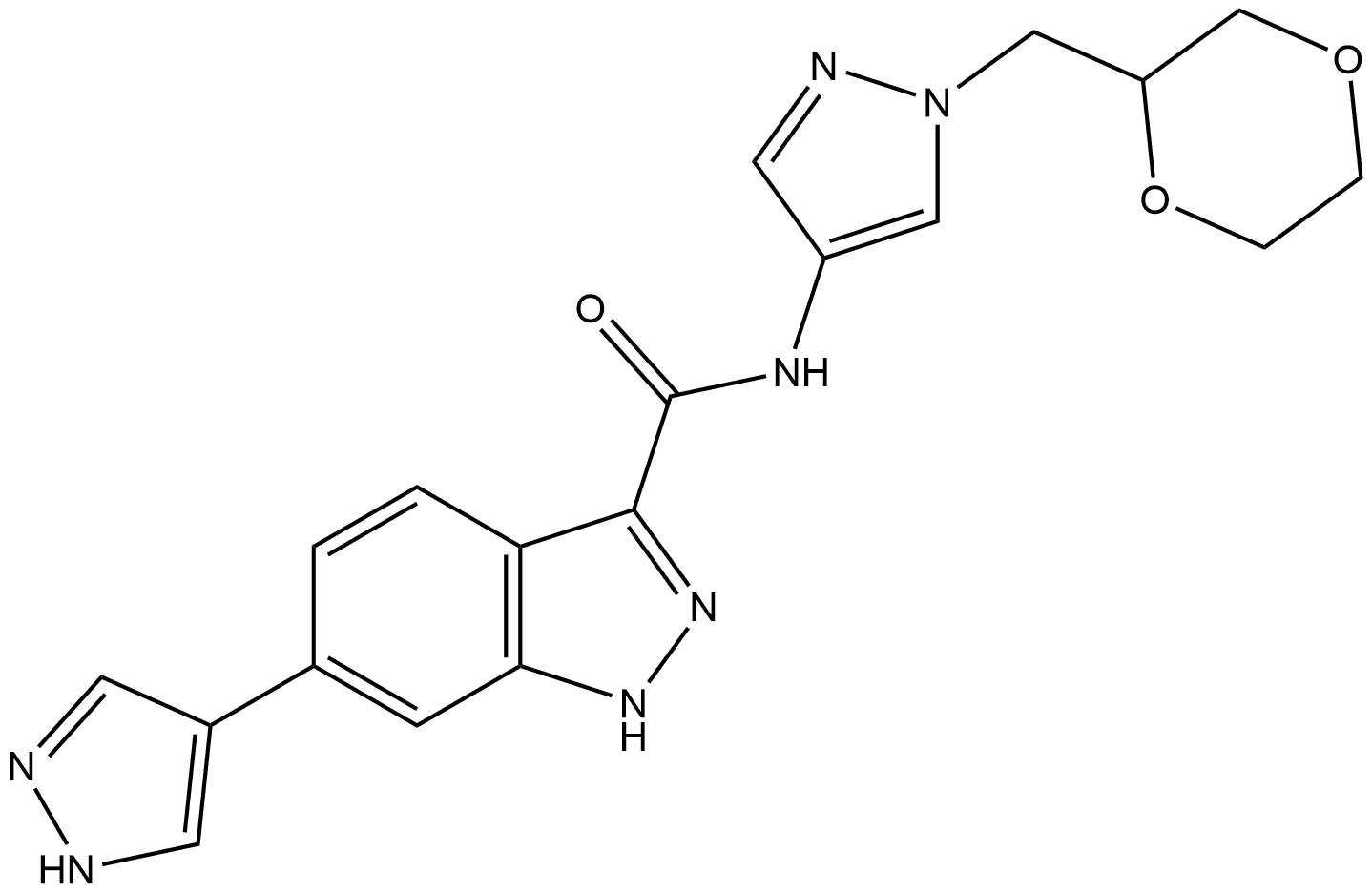 N-[1-(1,4-Dioxan-2-ylmethyl)-1H-pyrazol-4-yl]-6-(1H-pyrazol-4-yl)-1H-indazole-3-carboxamide Structure