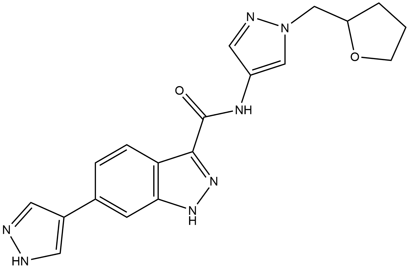 6-(1H-Pyrazol-4-yl)-N-[1-[(tetrahydro-2-furanyl)methyl]-1H-pyrazol-4-yl]-1H-indazole-3-carboxamide Structure