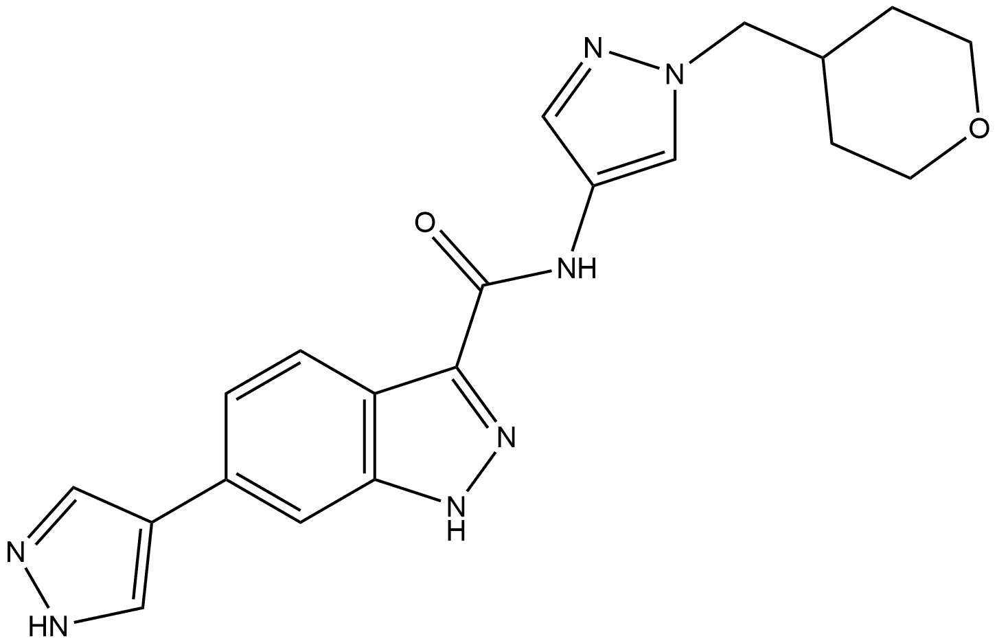 6-(1H-Pyrazol-4-yl)-N-[1-[(tetrahydro-2H-pyran-4-yl)methyl]-1H-pyrazol-4-yl]-1H-indazole-3-carboxamide Structure