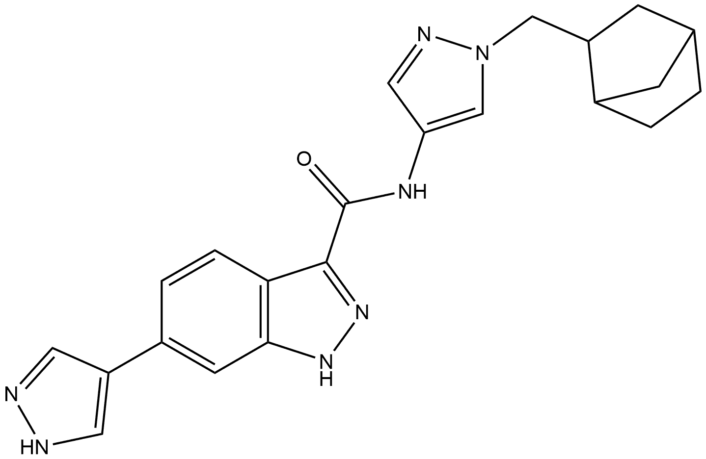 N-[1-(Bicyclo[2.2.1]hept-2-ylmethyl)-1H-pyrazol-4-yl]-6-(1H-pyrazol-4-yl)-1H-indazole-3-carboxamide Structure