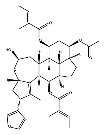 2-Butenoic acid, 2-methyl-, 1,1'-[(2R,3aS,5R,6aR,6bR,7S,9R,9aR,11aR,11bR,12S,12aR)-9-(acetyloxy)-2-(3-furanyl)-3,3a,5,6,6a,6b,7,8,9,9a,10,11a,12,12a-tetradecahydro-5-hydroxy-1,6b,9a,12a-tetramethyl-2H,5H-cyclopent[a]isobenzofuro[7,1-gh][3]benzoxepin-7,12-diyl] ester, (2E,2'E)- Structure