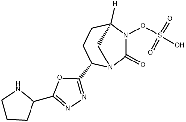 (2S,5R)-7-oxo-2-(5-((S)-pyrrolidin-2-yl)-1,3,4-oxadiazol-2-yl)-1,6-diazabicyclo[3.2.1]octan-6-yl hydrogen sulfate Structure