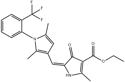 1H-Pyrrole-3-carboxylic acid, 5-[[2,5-dimethyl-1-[2-(trifluoromethyl)phenyl]-1H-pyrrol-3-yl]methylene]-4,5-dihydro-2-methyl-4-oxo-, ethyl ester, (5E)- Structure