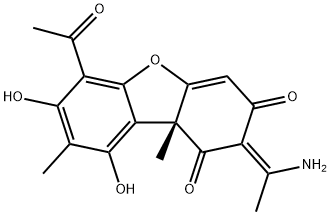 1,3(2H,9bH)-Dibenzofurandione, 6-acetyl-2-(1-aminoethylidene)-7,9-dihydroxy-8,9b-dimethyl-, (2E,9bR)- Structure