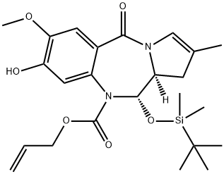 1H-Pyrrolo[2,1-c][1,4]benzodiazepine-10(5H)-carboxylic acid, 11-[[(1,1-dimethylethyl)dimethylsilyl]oxy]-11,11a-dihydro-8-hydroxy-7-methoxy-2-methyl-5-oxo-, 2-propen-1-yl ester, (11S,11aS)- 구조식 이미지