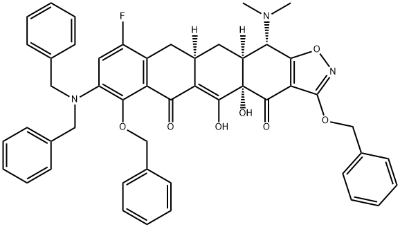 Naphthaceno[2,3-d]isoxazole-4,6(4aH,11H)-dione, 8-[bis(phenylmethyl)amino]-13-(dimethylamino)-10-fluoro-11a,12,12a,13-tetrahydro-4a,5-dihydroxy-3,7-bis(phenylmethoxy)-, (4aS,11aR,12aS,13S)- Structure