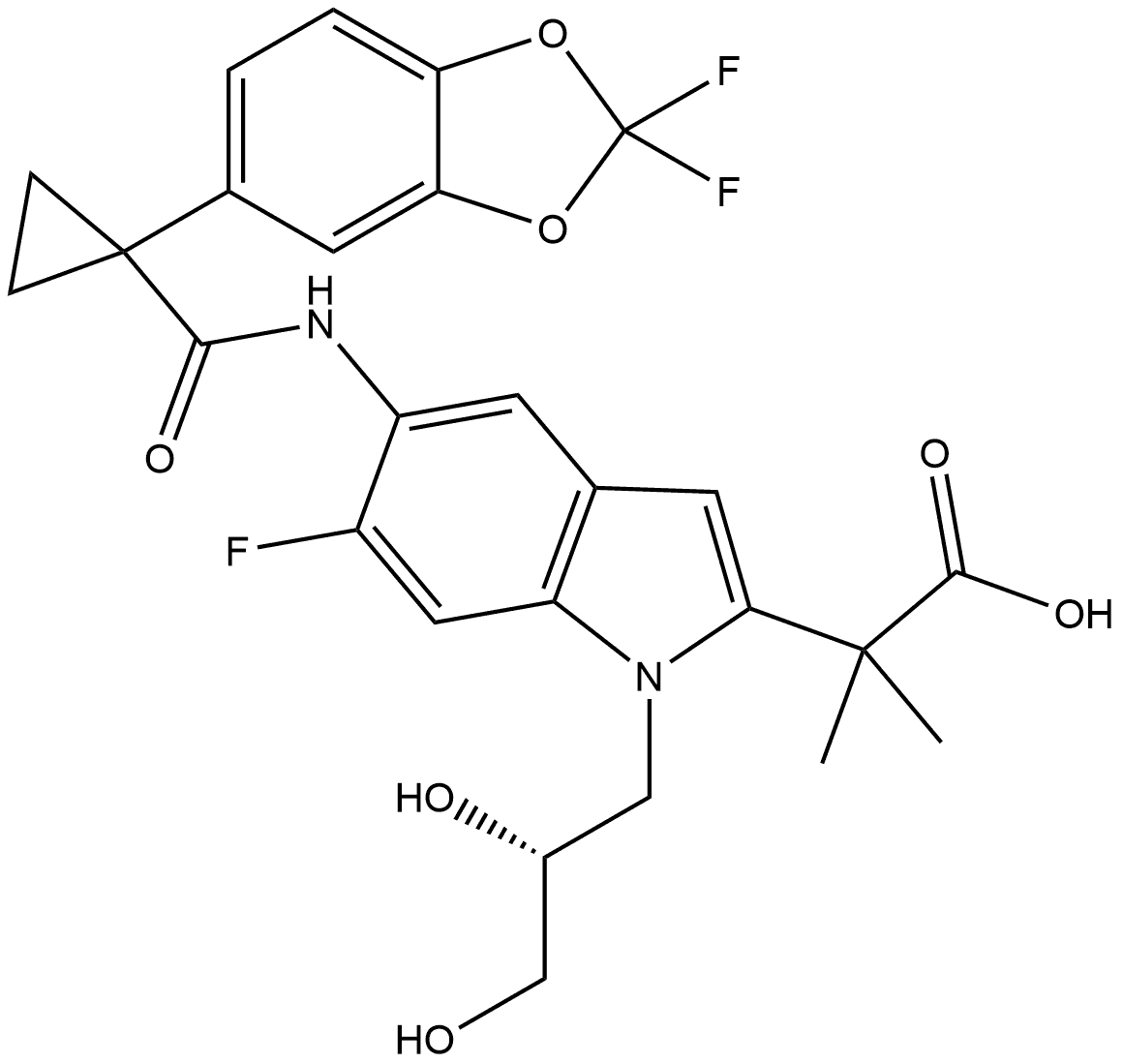 1H-Indole-2-acetic acid, 5-[[[1-(2,2-difluoro-1,3-benzodioxol-5-yl)cyclopropyl]carbonyl]amino]-1-[(2R)-2,3-dihydroxypropyl]-6-fluoro-α,α-dimethyl- Structure