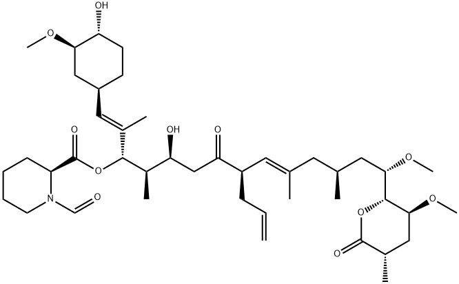 2-Piperidinecarboxylic acid, 1-formyl-, (1S,2R,3S,6R,7E,10S,12S)-3-hydroxy-1-[(1E)-2-[(1R,3R,4R)-4-hydroxy-3-methoxycyclohexyl]-1-methylethenyl]-12-methoxy-2,8,10-trimethyl-5-oxo-6-(2-propen-1-yl)-12-[(2R,3S,5S)-tetrahydro-3-methoxy-5-methyl-6-oxo-2H-pyra 구조식 이미지