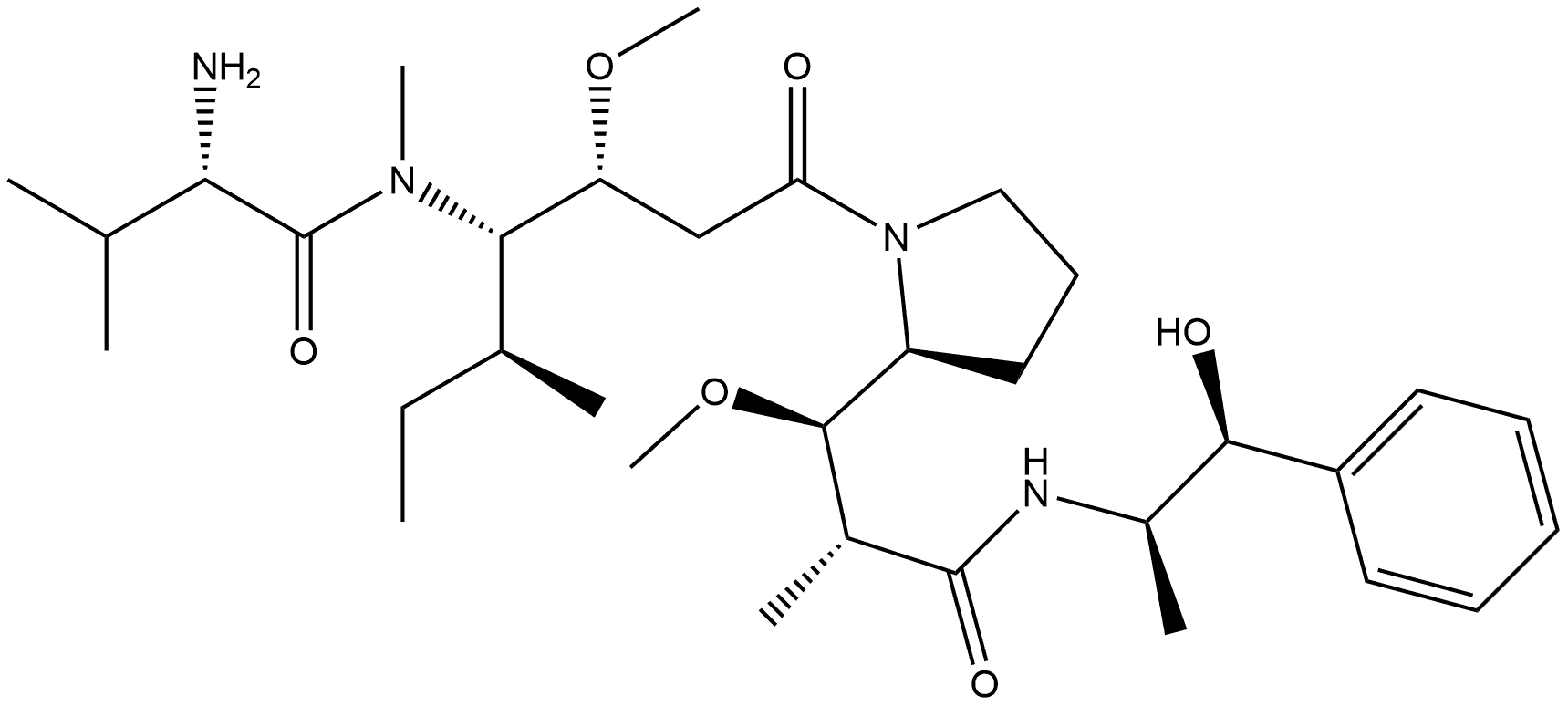 2-Pyrrolidinepropanamide, 1-[(3R,4S,5S)-4-[[(2S)-2-amino-3-methyl-1-oxobutyl]methylamino]-3-methoxy-5-methyl-1-oxoheptyl]-N-[(1R,2S)-2-hydroxy-1-methyl-2-phenylethyl]-β-methoxy-α-methyl-, (αR,βR,2S)- 구조식 이미지