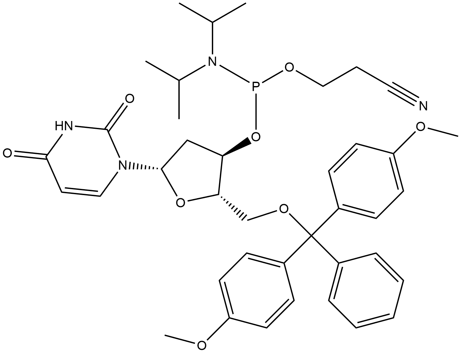 2,4(1H,3H)-Pyrimidinedione, 1-[5-O-[bis(4-methoxyphenyl)phenylmethyl]-3-O-[[bis(1-methylethyl)amino](2-cyanoethoxy)phosphino]-2-deoxy-β-L-erythro-pentofuranosyl]- Structure