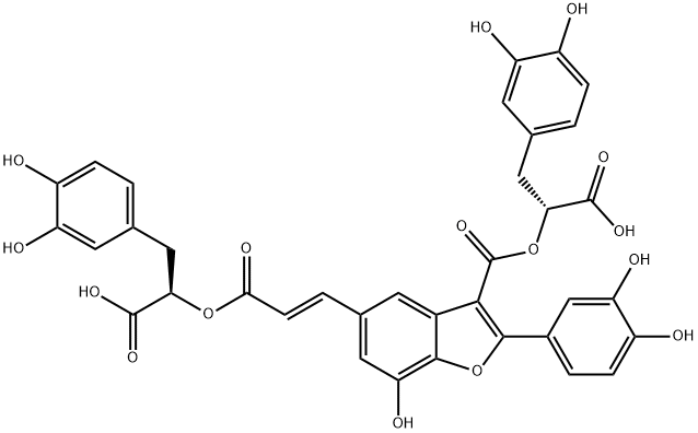 3-Benzofurancarboxylic acid, 5-[(1E)-3-[(1R)-1-carboxy-2-(3,4-dihydroxyphenyl)ethoxy]-3-oxo-1-propen-1-yl]-2-(3,4-dihydroxyphenyl)-7-hydroxy-, 3-[(1R)-1-carboxy-2-(3,4-dihydroxyphenyl)ethyl] ester 구조식 이미지