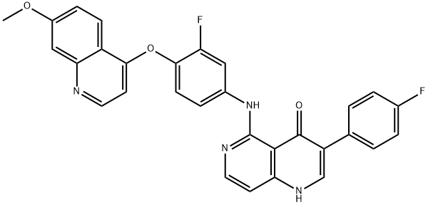 1,6-Naphthyridin-4(1H)-one, 5-[[3-fluoro-4-[(7-methoxy-4-quinolinyl)oxy]phenyl]amino]-3-(4-fluorophenyl)- Structure