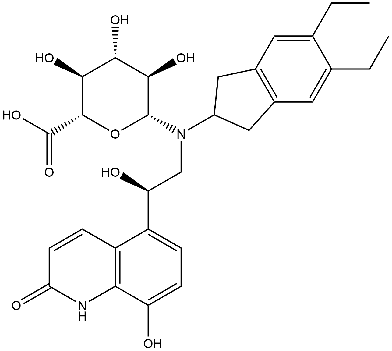 β-D-Glucopyranuronic acid, 1-deoxy-1-[(5,6-diethyl-2,3-dihydro-1H-inden-2-yl)[(2R)-2-(1,2-dihydro-8-hydroxy-2-oxo-5-quinolinyl)-2-hydroxyethyl]amino]- Structure