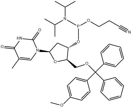 Thymidine, 5'-O-[(4-methoxyphenyl)diphenylmethyl]-, 3'-[2-cyanoethyl N,N-bis(1-methylethyl)phosphoramidite] Structure