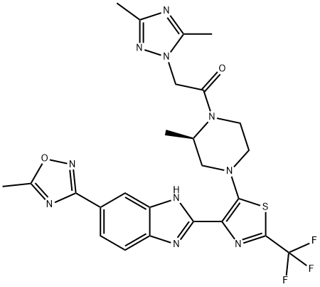 Ethanone, 2-(3,5-dimethyl-1H-1,2,4-triazol-1-yl)-1-[(2R)-2-methyl-4-[4-[6-(5-methyl-1,2,4-oxadiazol-3-yl)-1H-benzimidazol-2-yl]-2-(trifluoromethyl)-5-thiazolyl]-1-piperazinyl]- Structure