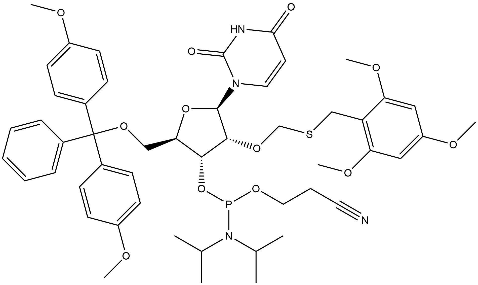 5'-O-[bis(4-methoxyphenyl)phenylmethyl]-2'-O-[[[(2,4,6-trimethoxyphenyl)methyl]thio]methyl]-, 3'-[2-cyanoethyl N,N-bis(1-methylethUridine Structure