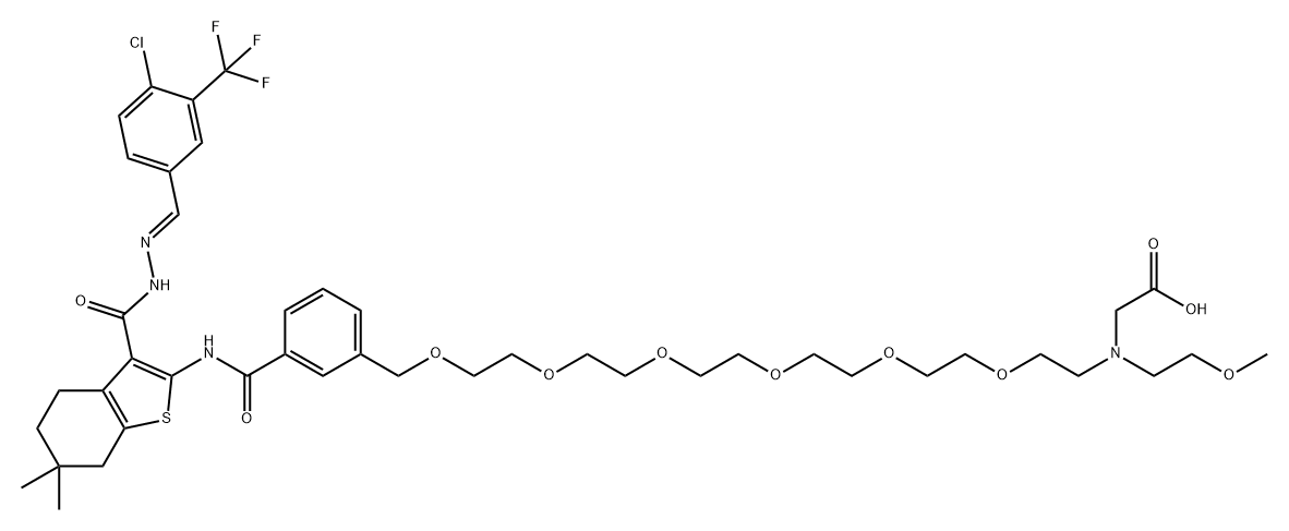 6,9,12,15,18,21-Hexaoxa-3-azadocosanoic acid, 22-[3-[[[3-[[(2E)-2-[[4-chloro-3-(trifluoromethyl)phenyl]methylene]hydrazinyl]carbonyl]-4,5,6,7-tetrahydro-6,6-dimethylbenzo[b]thien-2-yl]amino]carbonyl]phenyl]-3-(2-methoxyethyl)- 구조식 이미지