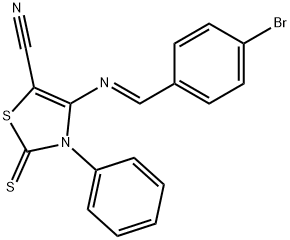 5-Thiazolecarbonitrile, 4-[(E)-[(4-bromophenyl)methylene]amino]-2,3-dihydro-3-phenyl-2-thioxo- 구조식 이미지