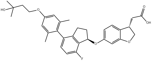 3-Benzofuranacetic acid, 6-[[(1R)-7-fluoro-2,3-dihydro-4-[4-(3-hydroxy-3-methylbutoxy)-2,6-dimethylphenyl]-1H-inden-1-yl]oxy]-2,3-dihydro-, (3S)- Structure